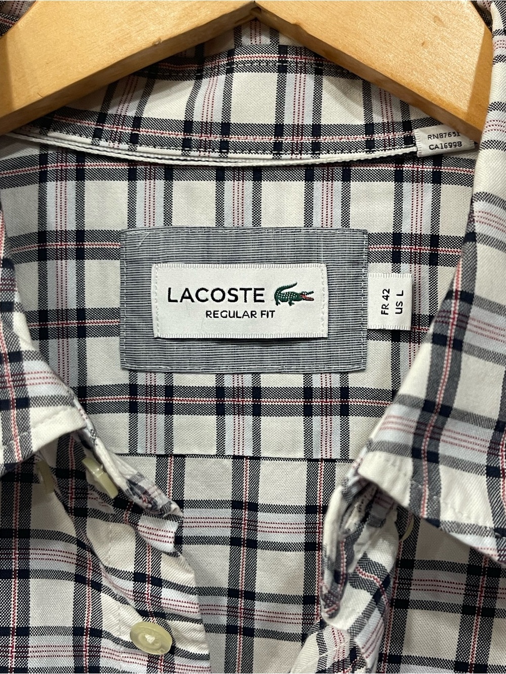 Lacoste Men's Plaid Button-Down Shirt in White, Navy & Red